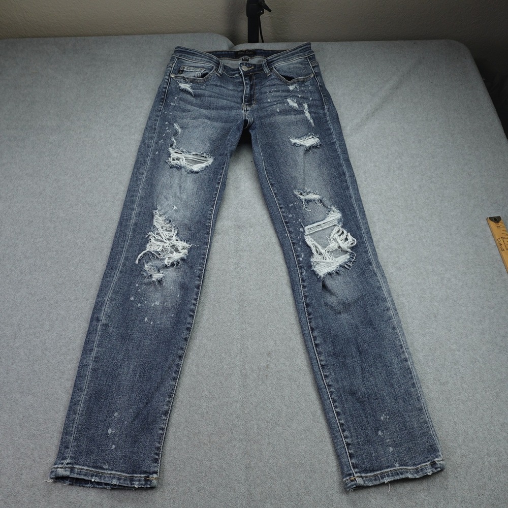 Judy Blue Jeans Womens 5/27 Blue Boyfriend Fit Distressed‎ Ripped Medium Wash